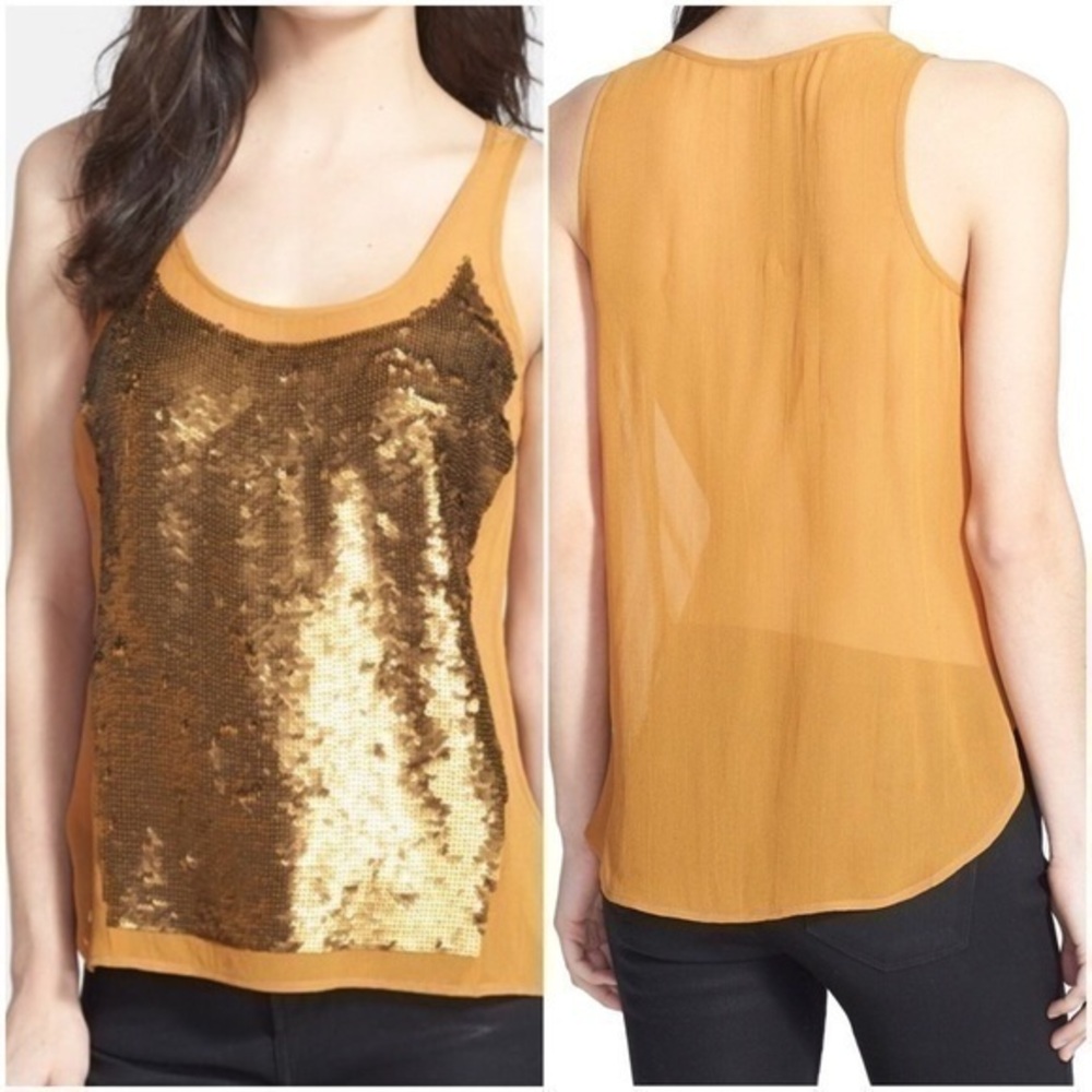 Trouve Gold Sequin Front Chiffon Tank‎